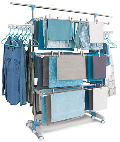 IDMarket - Séchoir à Linge modulable Blanc/Bleu Grande capacité + 30 Accessoires