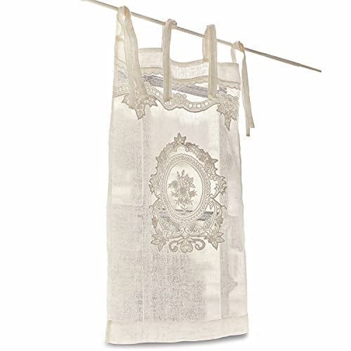 Loberon Scheibengardine aus 100% Leinen - Nostalgischer Landhaus-Stil mit Ornament-Stickerei und Bindebändern, Waschbar - 75x45 cm, weiß