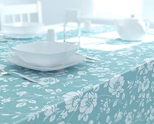 Dehaus® Enteneier-Blau Schöne PVC Tischdecke Abwaschbar, Abwischbare Rechteckige Wachstuch, Hellblau Wachstuchtischdecke, Tischdecken, Wasserabweisende Tischtuch 200 cm x 140 cm (Blume Blüte)