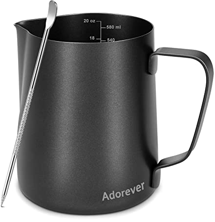 Milk Frothing Pitcher 600ml/20oz Steaming Pitchers Stainless Steel Milk Coffee Cappuccino Latte Art Barista Steam Pitchers Milk Jug Cup with Decorating Art Pen, Matte Black