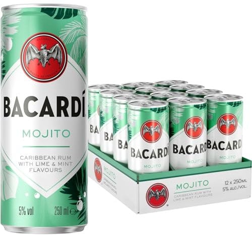 BACARDÍ Mojito, Vol. 5%, 12 x 25 cl / 250 ml, cocktail premixato pronto da bere in lattina, creato con Rum BACARDÍ Carta Blanca e miscelato con Lime e Menta