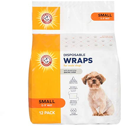 Arm & Hammer Small Male Dog Wraps, Disposable Belly Band Diapers with Baking Soda Odor Control, Super Absorbent Leak Resistant Design for Marking and Incontinence, 12-19 Inch Waist, 12 Count
