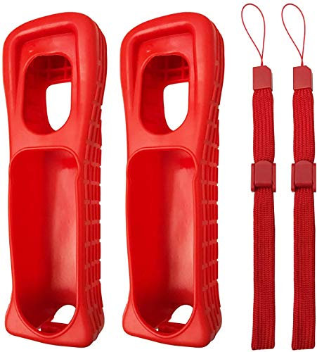 2 fundas de silicona con correa de muñeca de repuesto para mando a distancia Wii (rojo)