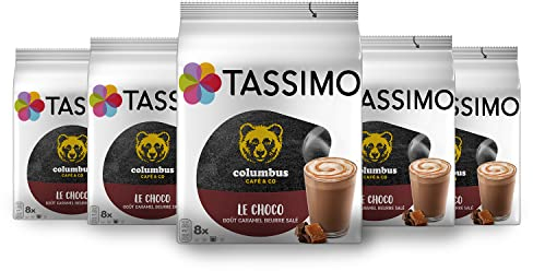 Tassimo, 40 Dosettes Le Choco goût Caramel Beurre Salé Columbus, Compatibles avec les machines TASSIMO, 40 Chocolats Caramel Beurre Salé, Savoureux et Gourmand, 5 packs de 8 dosettes.