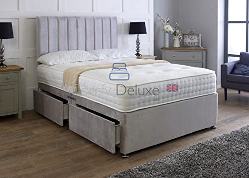 Comfy Deluxe LTD Plush Velvetto Divan Bed Set With Matching Apollo Headboard And Memory Sprung Mattress | Divan Bed Frame | Bed Base | Premium Velvetto Fabric (Silver, 5.0FT King Size 4 Drawer)