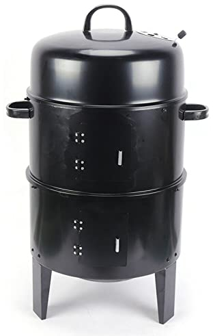 3 in 1 Smoker Räucherofen Holzkohle 40cm BBQ Grill Räuchertonne Holzkohlegrill Rundgrill mit Thermometer & Einstallbar Luftzufuhr