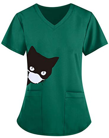 Arbeitskleidung Pflege Damen Bunt Kasack Schlupfkasack Kurzarm V-Ausschnitt Katze Druck T-Shirts Berufskleidung Krankenpfleger Uniformen mit Taschen t Shirt Katz Kasaks Altenpflege Herren