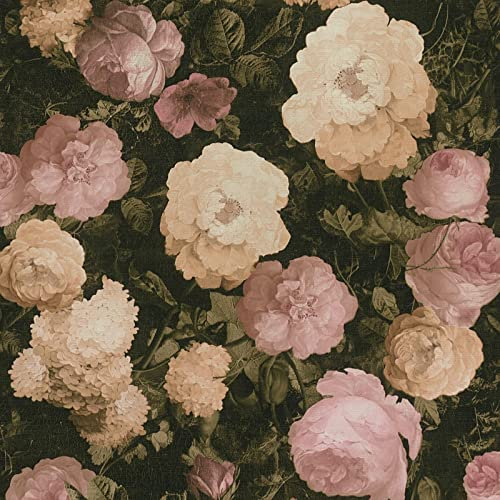 Papier peint fleuri fond noir vintage | Tapisserie motif floral chambre adulte & salon | Papier peint intissé grosses fleurs couloir | Papier peint livré à domicile