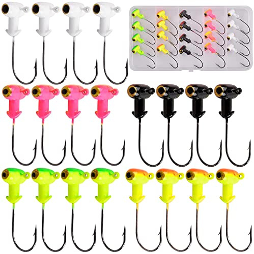 Fishing Jig Heads Hook Kit 20 pcs Painted Crappie Jig Head with 3D Eye Football Jig Heads Kit Fishing Accessories for Bass Walleye Perch Trout Freshwater Saltwater