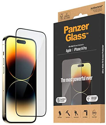 PanzerGlass™ Protector de Pantalla Claro para iPhone 14 Pro | Ajuste Ultra Amplio | Vidrio Templado con Revestimiento Anti-Huellas y Ayuda de Montaje para una Instalación Fácil