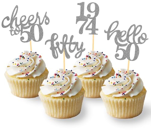 24 Stück Glitzer 50. Geburtstag Cupcake Topper, Geburtstagsdeko 50 von 1975 für Deko zum 50.Geburtstag, 50 Geburtstagsfeier Zubehör Party Dekoration Kuchendekoration (Silber)