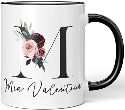 JUNIWORDS Tasse, Mia-Valentina, Name Anfangsbuchstabe Initial Alphabet Floral Buchstabe M Monogramm Motiv, Schwarz (5588984)
