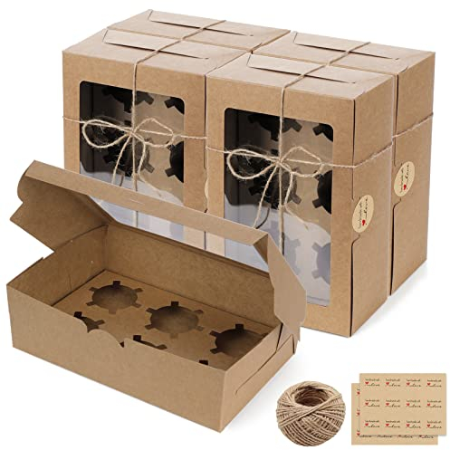 Fippy 20 Stück Cupcake Box 6er mit Sichtfenster, Braun 6 Loch Cupcake Muffin Box, Karton Cupcake Schachtel Verpackung Box für Cupcakes Desserts Kuchen Keksen