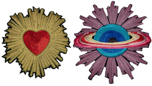 FINGERINSPIRE 2 STÜCKE 2 Stil Planet Herz Bügelbild 20~25 cm Computergesteuerte Stickerei Stoffflicken Dekorative Glitzer Pailletten Applikation Nähen Abzeichen Patches Für Kleidung Rucksäcke Hüte