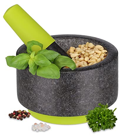 Relaxdays Mortero Granito con Mano, 8x14 cm, Antideslizante, Molcajete Piedra Duradero, Especias y Hierbas, Gris/Verde, 8 x 14 x 14 cm