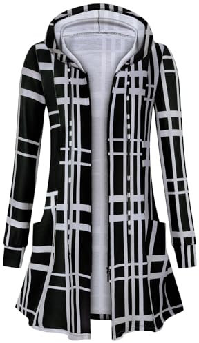 Flikity Zipper up Swearshirts for Women, Knee Length Long Sleeve Hoodies Open Front Tunics Ladies Lightweight Casual Jackets Trendy Loose Fit Plus Size Tops Black and White 2XL