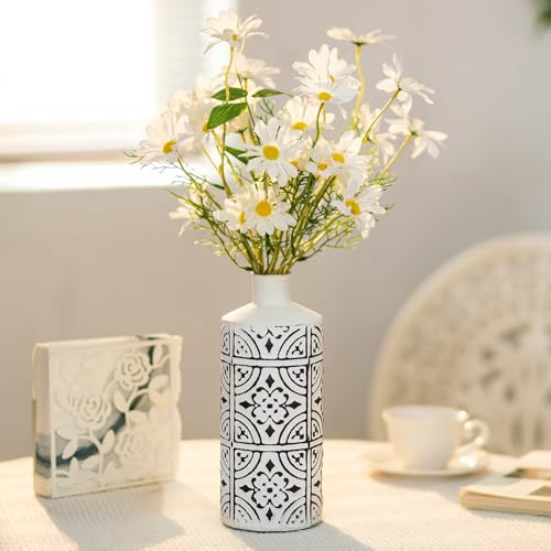 Sziqiqi Weiße Vase für Blumen - 25,3cm Hoch Moderne Metall Vase mit Schwarzem Blumenmuster Dekorative Zylinder Vasen für Tischdeko Große Boho Blumenvase für Pampasgras Trockenblumen Zweige