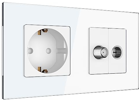 PULSAR Sat Kabel Dose Unterputz/Steckdose 2 Fach Glas, Steckdose Weiß SAT Dose mit Kabel Anschlussdose TV SAT/Kabel/Steckdose
