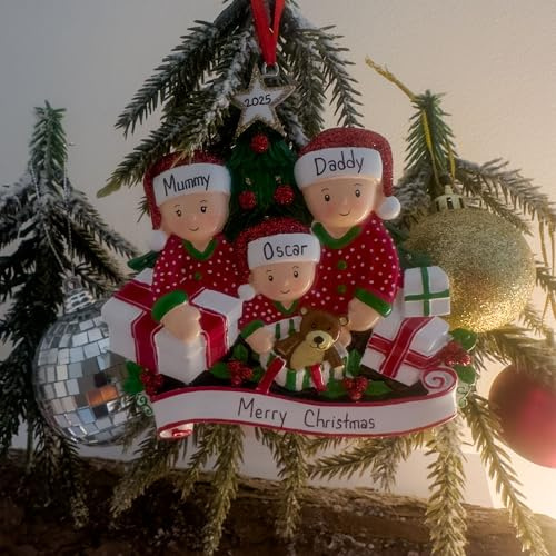 Personalised Family of 3 Opening Presents Christmas Tree Decoration Ornament 2025, Customised Red Matching Pyjamas Xmas Tree Decoration, Custom Names Keepsake Gift for Families of Three Xmas Decor