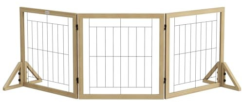 PawHut Barrera para Perros de Madera 210x70 cm Valla para Mascotas Plegable de 3 Paneles con Plegado Bidireccional y Patas de Apoyo Triangulares para Puerta Pasillo Escalera Madera Natural