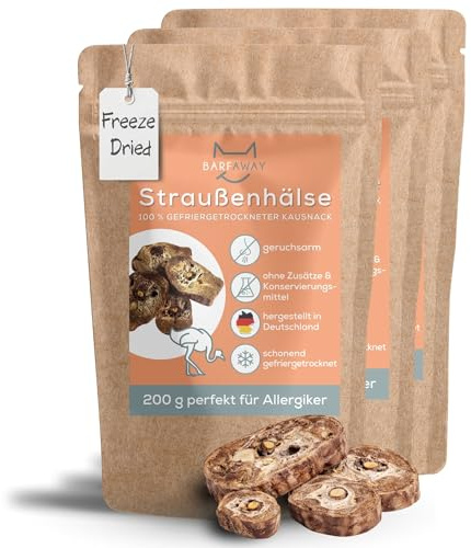 BARFAWAY Straußenhals, gefriergetrockneter Kausnack für Hunde, allergikerfreundlich, 100 % natürlich ohne Zusätze, Deutsche Herstellung, geruchsneutral, 3er Pack (3 x 200 g)