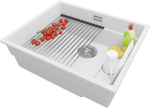 PRIMAGRAN Spülbecken Weiß 56x47cm, Granitspüle 1 Becken + Ablauf-Set + Aufrollbare Abtropffläche, Küchenspüle ab 60er Unterschrank - Praga Slim S258