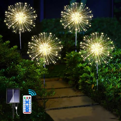yowin Solarlampen für Außen 4x150 LED Solarleuchten Pusteblume Gartenstecker mit Fernbedienung, 8 Modi Feuerwerk Gartenbeleuchtung Winterfest Gartenlichter Solar für Balkon Weg Blumenkasten Deko
