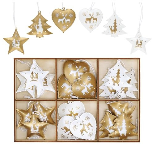 Valery Madelyn 18 Stück eleganter Weihnachtsbaumschmuck in Weiß und Gold, hängende Weihnachtsanhänger aus Metall, Weihnachtsglocken mit Baum-, Stern- und Herzmustern
