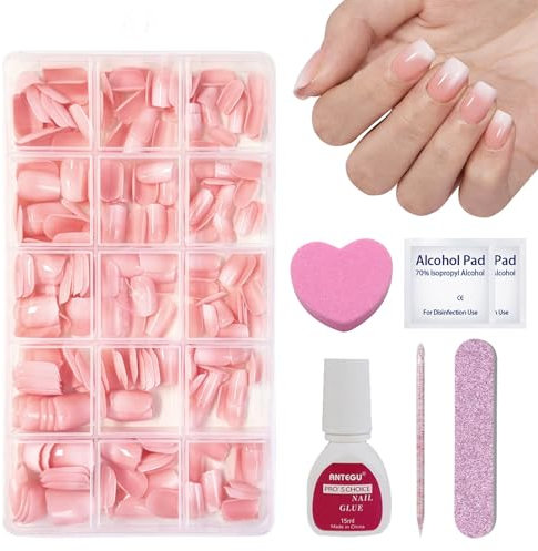 DMQ Ombre False Nails with Glue, 240Pcs Square Press on Nails Short, Pink White Gradient Soft Gel French Nail Tips, XCOATTIPS Soak Off Acrylic Fake Nails Extensions DIY - 15 Sizes