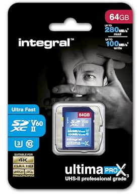 Integral Tarjeta SD de 64 GB UHS-II V60 con velocidades de Lectura de hasta 280 MB/s y velocidades de Escritura de 100 MB/s. Tarjeta de Memoria de Alta Velocidad Profesional SDXC