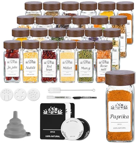 TDSYDS 24x120ml Spice Jar with Sandalwood Lid, Glass Spice Jar with Label, Kitchen Storage Jar, Classic Simplicity, Square Glass Spice Jar for Sea Salt, Paprika, Cinnamon and Tabletop Storage
