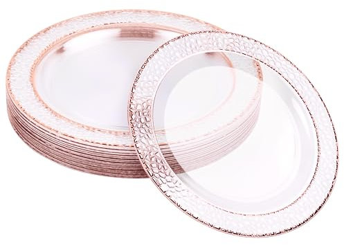 MATANA 20 Premium Plastik Dessertteller, Kleine Partyteller mit Roségoldrand, 19cm - Elegant, Stabil & Mehrweg - Hochzeiten, Geburtstage, Taufen, Weihnachten, Grillpartys, Partys