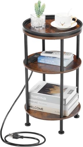 Small Round End Table with Charging Station for Narrow and Small Space, 3-Tier Accent Couch Beside Table with 2 USB Ports & Power Outlets,Sofa Side Table for Living Room Bedroom Apartment/Rustic Brown