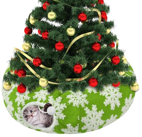 Tunnel pour sapin de Noël – Tube chaud et doux pour chat – Jupe de sapin de Noël multifonctionnelle décorative avec tapis central pour garder les chats d'intérieur hors du sapin de Noël, vert