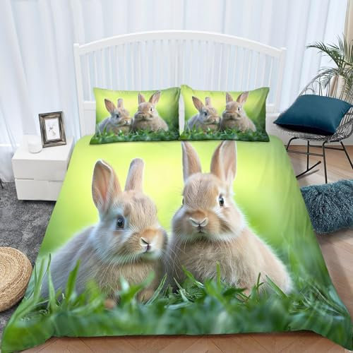 Bettbezug Bedruckt Bettwäsche-Set 155 × 220 cm, Drucken Bettbezug NatüRliches HäSchen Bettwäsche-Set auf Weiches Mikrofaser-Baumwolle 1 Bettbezug GrüN Braun und 2 Kissenbezug