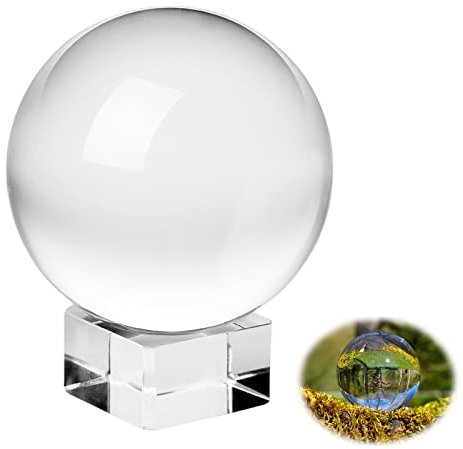 Boule en verre K9 80 mm - Boule de cristal transparente - Avec base ronde en bois - Pour photographie - Accessoire de photographie - Boule de divination - Cadeau pour les photographes amateurs