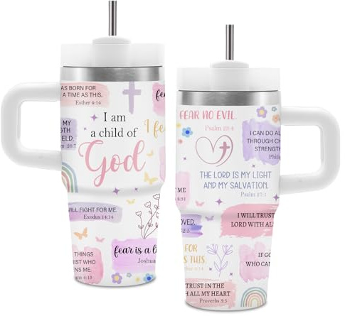 Girls Christian Gifts, 14 oz Tumblers with Handle and Straw for Kids, I Am a Child of God Tumbler Cup, Faith Jesus Bible Travel Mug, Verse Religious Inspiration Gifts for Girls