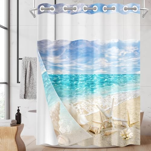 Nesphy Duschvorhang ohne Haken, Strand-Sommer-Duschvorhang mit Stoffeinsatz, Seestern, Muscheln, Meer, doppellagig, wasserdichter Stoff mit durchsichtigem Fenster, offene Ösen, Badvorhang, 180 x 188