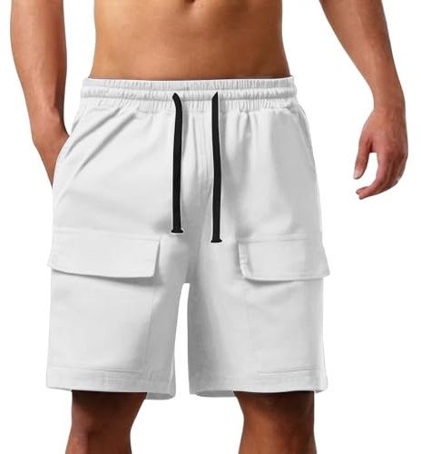 Lässige Cargo-Shorts für Herren, Outdoor, Wandern, Camping, Reisen, entspannte Passform, Kordelzug, elastische Taille, kurze Hose mit mehreren Taschen, weiß, S