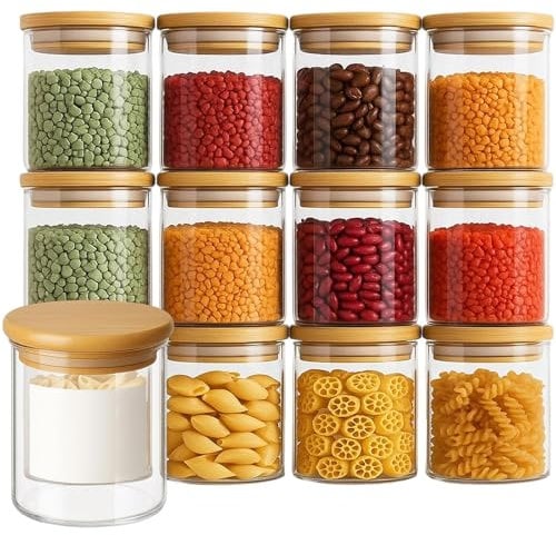 CROWNSHOP 12 Pcs Glass Spice Jars with Bamboo Lids 8oz/250ml Square Storage Jars Airtight Spice Jars with Lids Glass Container for Spice Salt Sugar Seeds Nuts etc (12, Circular)
