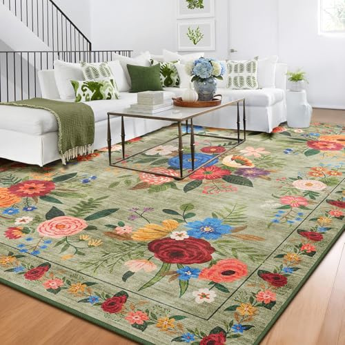 BYBSRLL Groß Teppich Wohnzimmer 160x230cm, Vintage Blumenmuster, Waschbar & Rutschfester Boho Weich Kurzflor Teppiche Gegend für Schlafzimmer, Kinderzimmer, Gastzimmer, Esszimmer, Büro, Grün