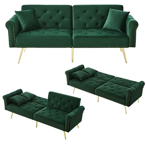Lontl Schlafsofa 2 Sitzer mit Schlaffunktion – Verstellbares Sofa aus Samt, Schlafcouch klappbar & platzsparend, kleines Sofa für Wohnzimmer & Gästezimmer (Antique Green)