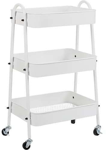 Jowkou 3-Tier Metal Rolling Storage Trolley on Wheels with Lockable Casters | Slim Utility Cart for Kitchen, Bathroom, Bedroom, Beauty, Craft & Office | White