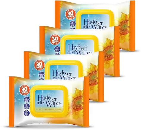 Lizzy Hayfever Relief Wipes (1 Pack 30 Wipes) | Enriched with Tea Tree & Peppermint Oil | Anti-Allergen Wipes for Face & Hands | Removes Pollen, Dust & Pet Allergens (4 Pack 120 Wipes)