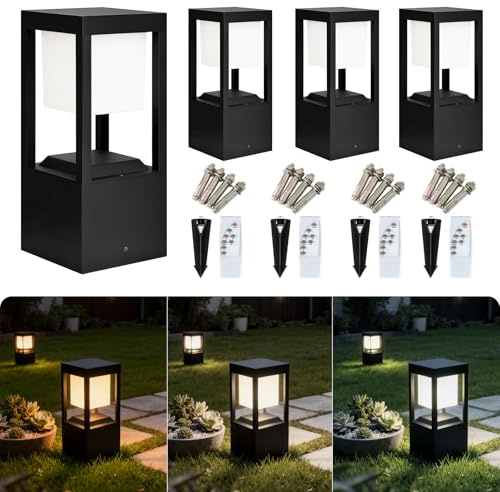Celyonix Solar Floor Lamp Outdoor Waterpoorf, Modern Aluminum Led Pathway Lights, Bollard Landscape Lighting for Garden Patio, Porch Post Lights, Remote Control, 3CCT, Dusk to Dawn, 4 Pack