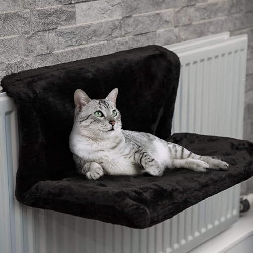 Lit suspendu pour chat - Lit de radiateur pour chat - Lit confortable pour chauffage - Tissu peluche - Hamac pour chauffage - Cadre en métal stable - Tissu en peluche pliable (noir)