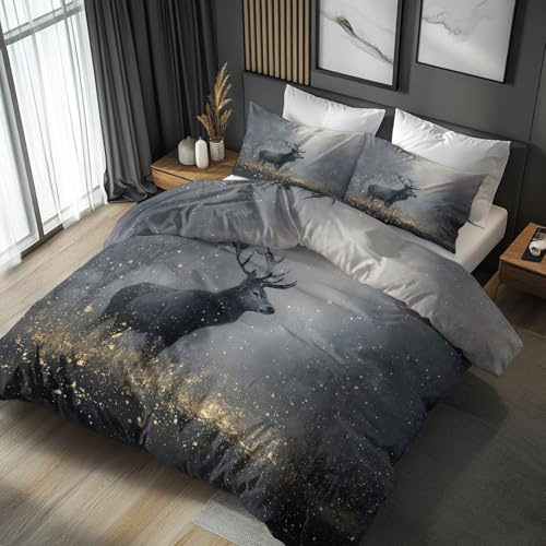 Generisch Hirsch Bettwäsche 135x200 Modern Tier Grau Motiv 2tlg, Weiche Mikrofaser Bettbezug & 1 Kissenbezug 80x80, Wendebettwäsche für Schlafzimmer Deko, Geschenke (EG121)