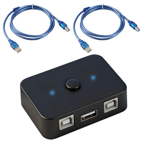 USB Drucker Umschalter 2 PC für effizientes Printer Sharing, USB Switch 2 Port mit elektronischem Schalter, 2×1,5m Druckerkabel inklusive, Plug and Play, ABS Gehäuse, LED Anzeige für Büro