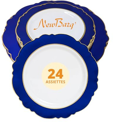 NEW BARQ' – Set Assiettes Fleur Blanc Marine & Or 24 Pièces | Vaisselle Réutilisable Premium | Design Floral Élégant | Pour Réceptions & Dîners Chic