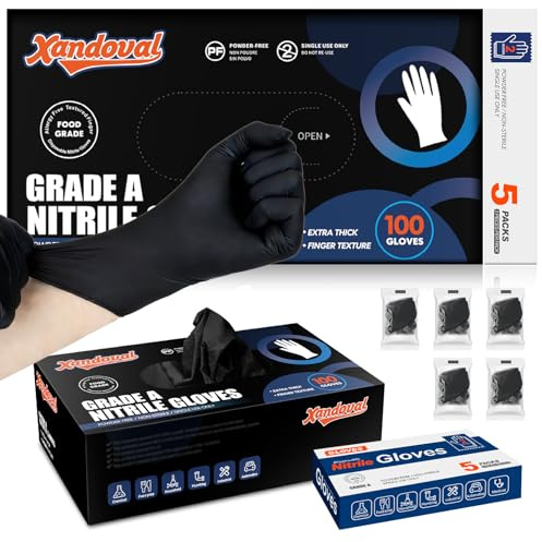 Xandoval 5 Mil Black Nitrile Gloves Disposable with 5 Bonus Travel Packs - Durable Food Safe Hand Protection for Kitchen Cooking, BBQ, Cleaning & Pet Care - Latex Free, Powder Free & Textured, X-Large